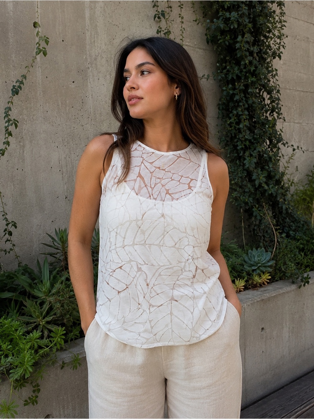 Sheer Leaf-Pattern Sleeveless White Tank